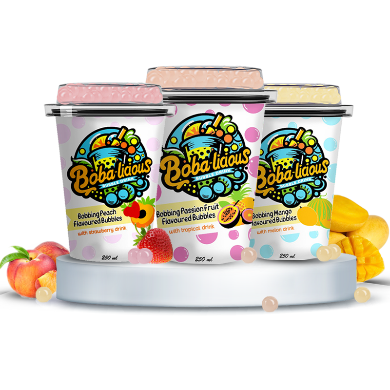 Colorful BobaLicious bubble tea cups, highlighting tropical flavors like Mango, Peach, and Passion Fruit.